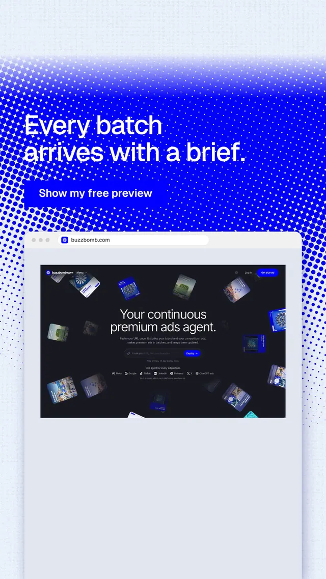 Instagram story for BuzzBomb: "Every batch arrives with a brief." Swiss style, browser layout, light palette in white, blue.