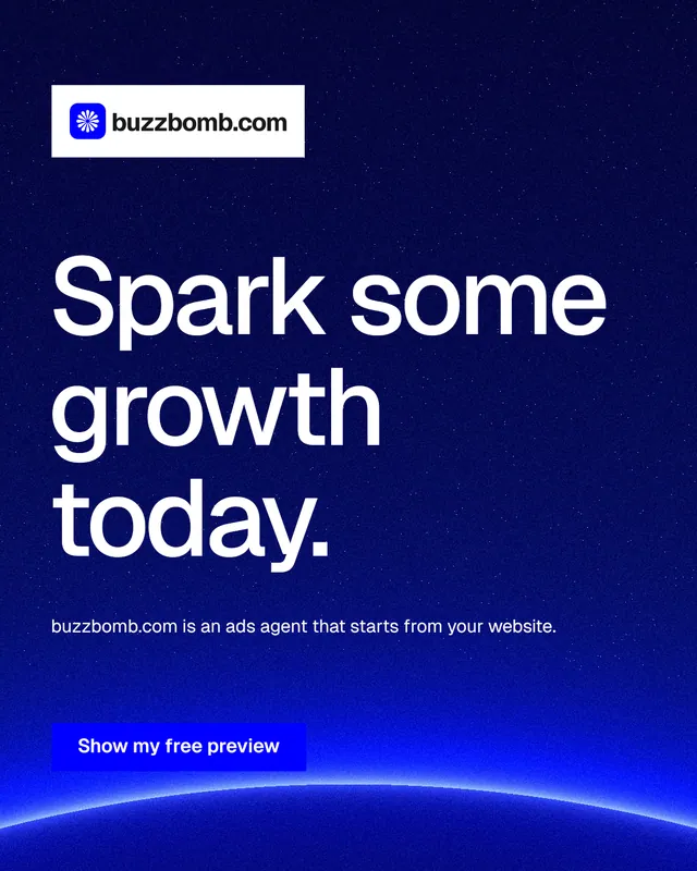Instagram portrait post for BuzzBomb: "Spark some growth today." Swiss style, announce layout, dark palette in blue.