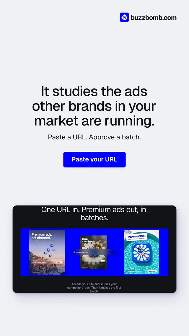 Instagram story for BuzzBomb: "It studies the ads other brands in your market are running." Data card style, centred layout, light palette in white, blue.