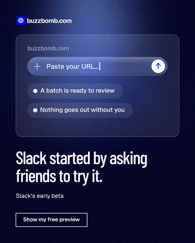 Instagram portrait post for BuzzBomb: "Slack started by asking friends to try it." Dark deco style, bottom layout, dark palette in black, blue.