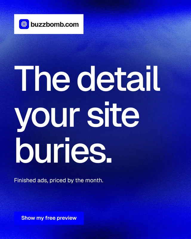 Instagram portrait post for BuzzBomb: "The detail your site buries." Swiss style, announce layout, dark palette in blue.