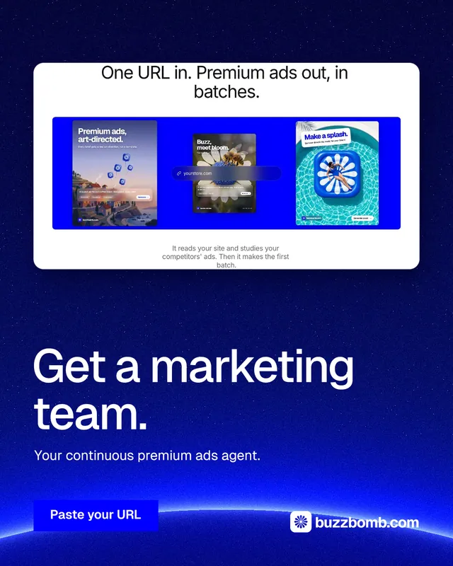 Instagram portrait post for BuzzBomb: "Get a marketing team." Swiss style, bottom layout, dark palette in blue, white.