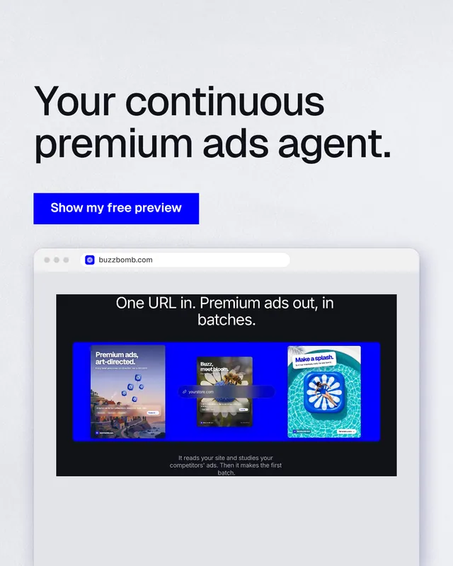 Instagram portrait post for BuzzBomb: "Your continuous premium ads agent." Swiss style, browser layout, light palette in white, blue, grey.