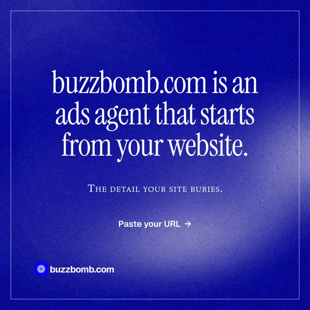 Instagram post for BuzzBomb: "buzzbomb.com is an ads agent that starts from your website." Editorial style, smallcaps layout, dark palette in blue.