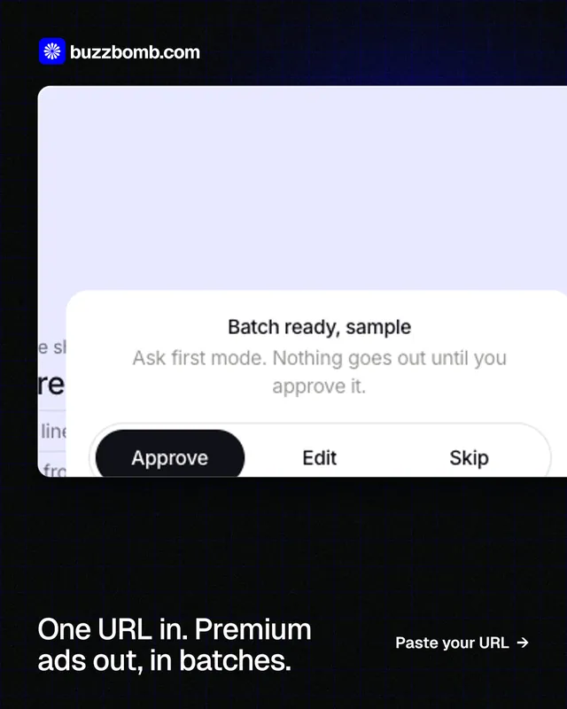 Instagram portrait post for BuzzBomb: "One URL in. Premium ads out, in batches." Phosphor atlas style, image led layout, light palette in black, white.