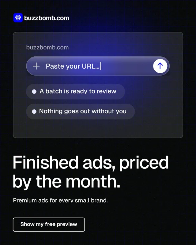 Instagram portrait post for BuzzBomb: "Finished ads, priced by the month." Phosphor atlas style, bottom layout, dark palette in blue, black, grey.