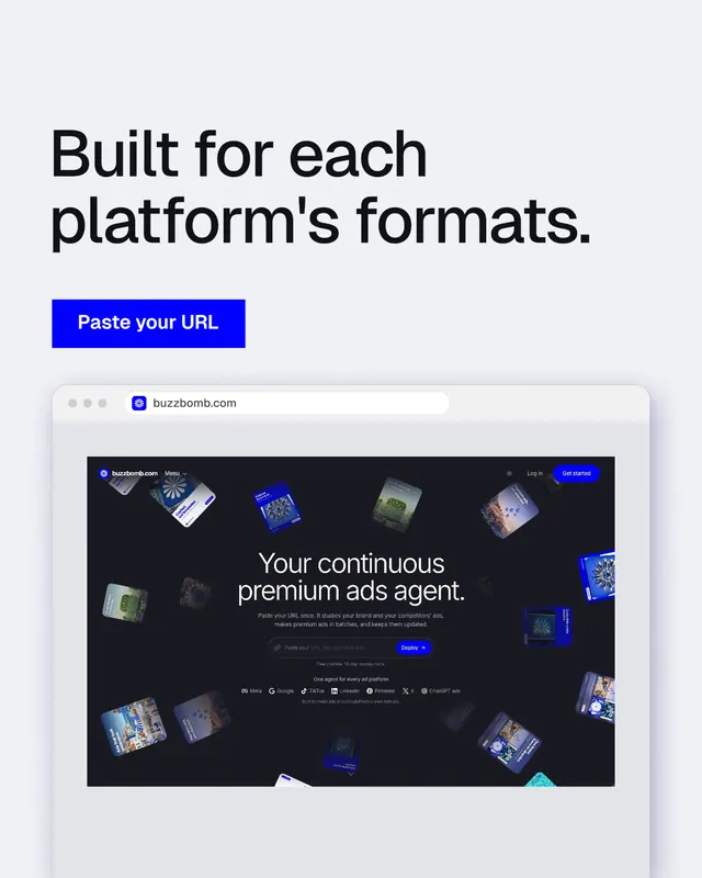 Instagram portrait post for BuzzBomb: "Built for each platform's formats." Swiss style, browser layout, light palette in white, blue, grey.