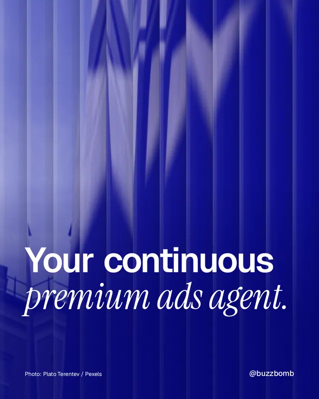 Instagram portrait post for BuzzBomb: "Your continuous premium ads agent." Photo style, technique:fluted glass layout, dark palette in blue.