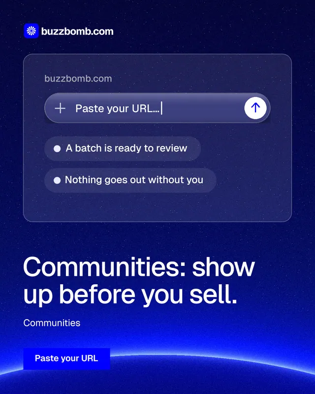 Instagram portrait post for BuzzBomb: "Communities: show up before you sell." Swiss style, bottom layout, dark palette in blue.