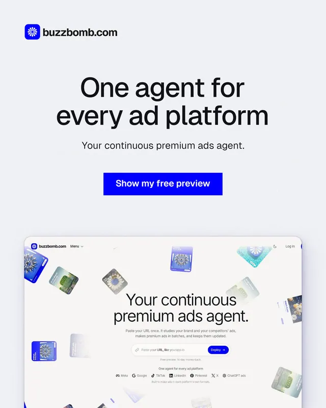 Instagram portrait post for BuzzBomb: "One agent for every ad platform". Swiss style, centred layout, light palette in white, blue.