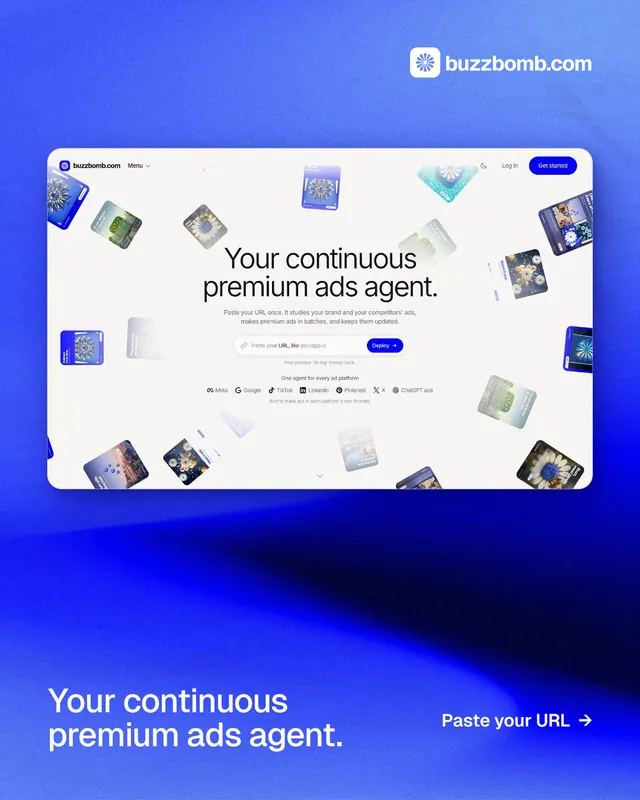 Instagram portrait post for BuzzBomb: "Your continuous premium ads agent." Swiss style, image led layout, light palette in blue, white.