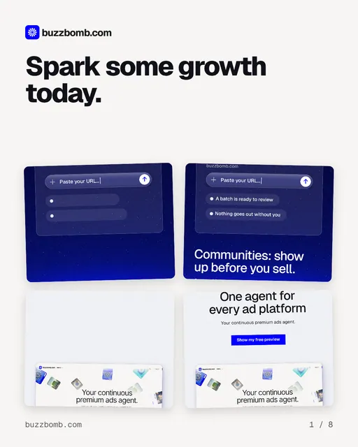 Carousel for BuzzBomb: "Spark some growth today.". Collection carousel, 8 slides, light palette.