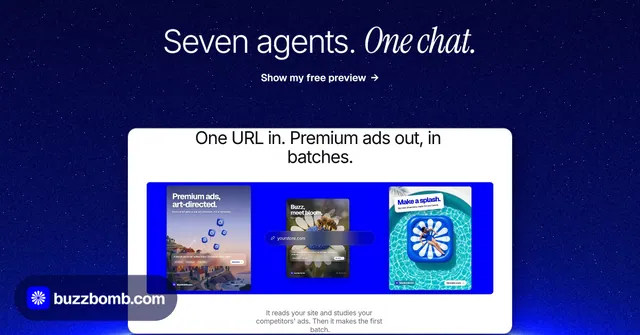 Social ad for BuzzBomb: "Seven agents. One chat." Swiss style, ogui layout, dark palette in blue, white.