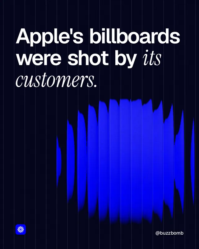 Instagram portrait post for BuzzBomb: "Apple's billboards were shot by its customers." Auto 4x5 style, technique:shader field layout, dark palette in black, blue.