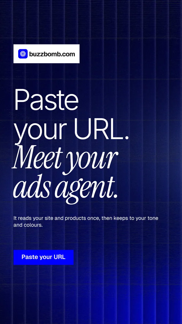 Instagram story for BuzzBomb: "Paste your URL. Meet your ads agent." Swiss style, announce layout, dark palette in black, blue, grey.