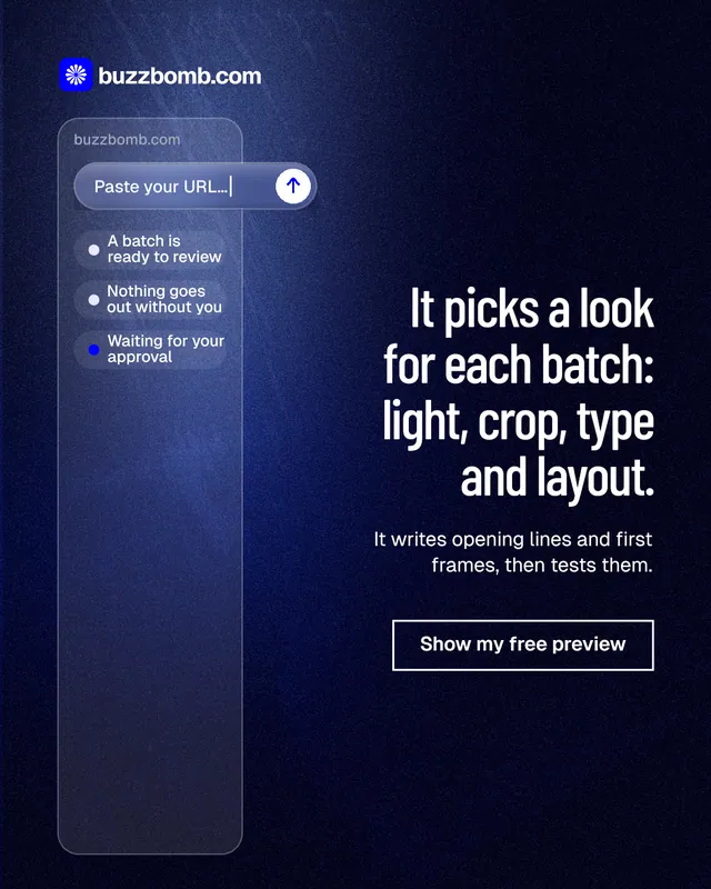 Instagram portrait post for BuzzBomb: "It picks a look for each batch: light, crop, type and layout." Dark deco style, right layout, dark palette in black, blue, grey.