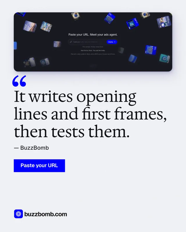 Instagram portrait post for BuzzBomb: "It writes opening lines and first frames, then tests them." Swiss style, quote layout, light palette in white, blue.