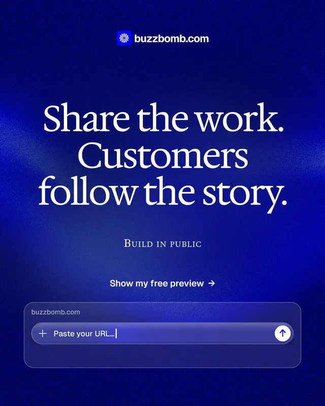 Instagram portrait post for BuzzBomb: "Share the work. Customers follow the story." Swiss style, smallcaps layout, dark palette in blue.