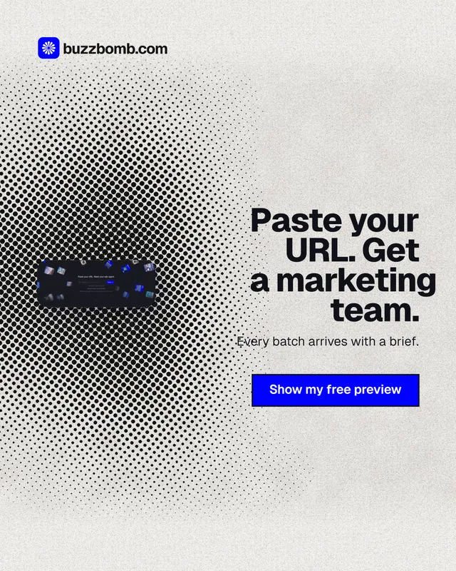 Instagram portrait post for BuzzBomb: "Paste your URL. Get a marketing team." Ink sticker style, right layout, light palette in white, grey.