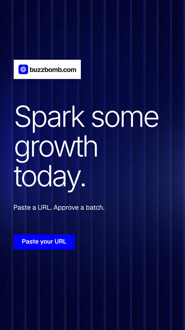 Instagram story for BuzzBomb: "Spark some growth today." Swiss style, announce layout, dark palette in black, blue.