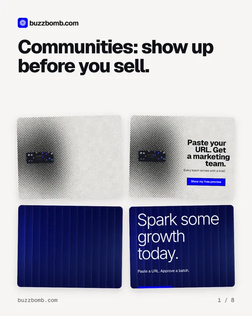 Carousel for BuzzBomb: "Communities: show up before you sell.". Collection carousel, 8 slides, light palette.