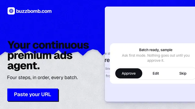 Landscape graphic for BuzzBomb: "Your continuous premium ads agent." Paper trio style, bottom layout, light palette in blue, white.