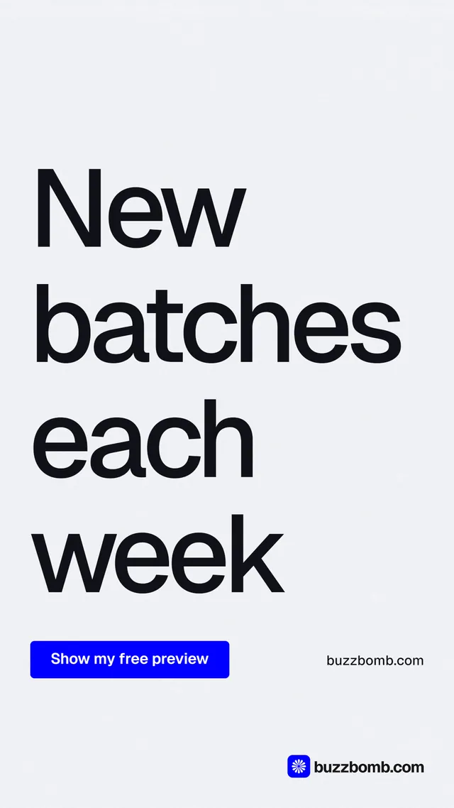 Instagram story for BuzzBomb: "New batches each week". Data card style, poster layout, light palette in white, blue.