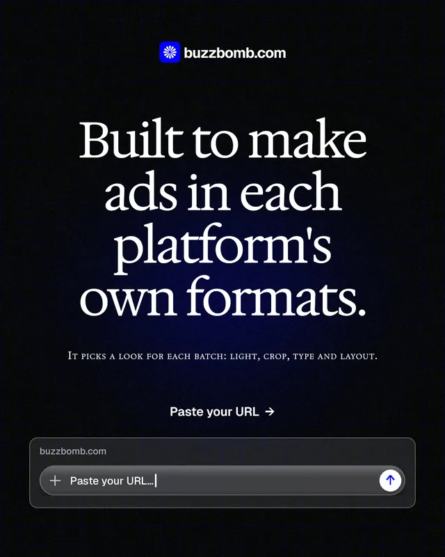 Instagram portrait post for BuzzBomb: "Built to make ads in each platform's own formats." Phosphor atlas style, smallcaps layout, dark palette in black, grey.