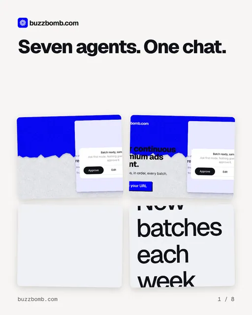 Carousel for BuzzBomb: "Seven agents. One chat.". Collection carousel, 8 slides, light palette.