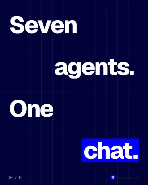 Video for BuzzBomb: "Seven agents. One chat.". Kinetic type grid, 6.0 s, dark palette.