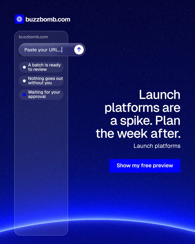 Instagram portrait post for BuzzBomb: "Launch platforms are a spike. Plan the week after." Swiss style, right layout, dark palette in blue.