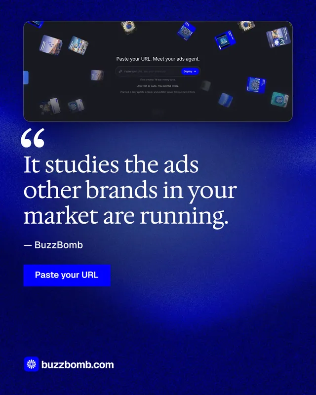 Instagram portrait post for BuzzBomb: "It studies the ads other brands in your market are running." Swiss style, quote layout, dark palette in blue.