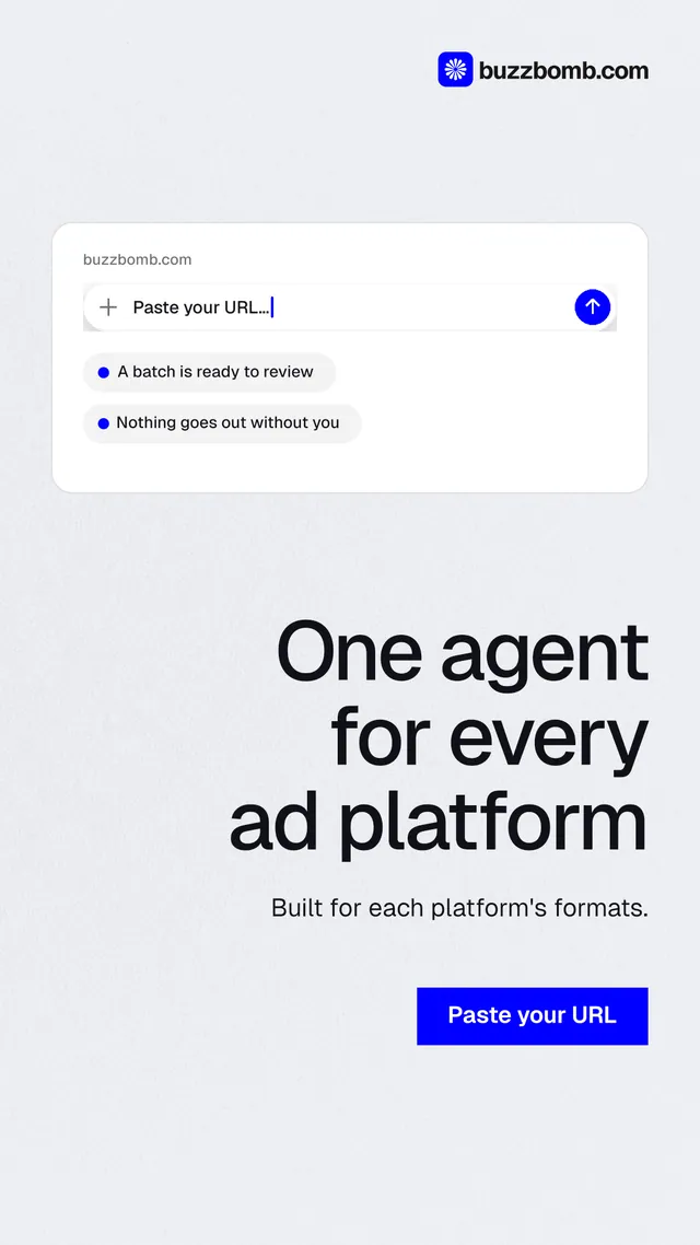 Instagram story for BuzzBomb: "One agent for every ad platform". Swiss style, right layout, light palette in white, blue.