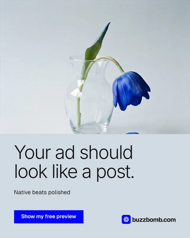 Instagram portrait post for BuzzBomb: "Your ad should look like a post." Swiss style, bottom layout, light palette in white, blue.