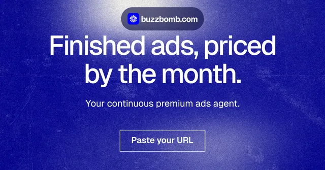 Social ad for BuzzBomb: "Finished ads, priced by the month." Cyanotype style, centred layout, dark palette in blue.