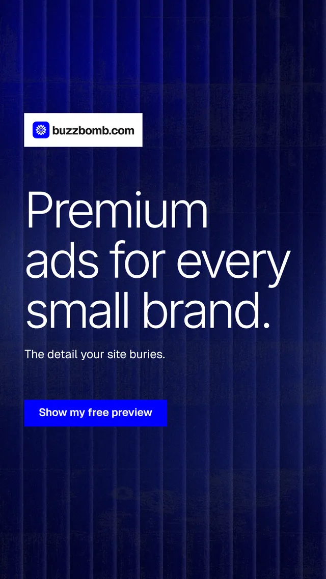 Instagram story for BuzzBomb: "Premium ads for every small brand." Swiss style, announce layout, dark palette in blue, black, grey.