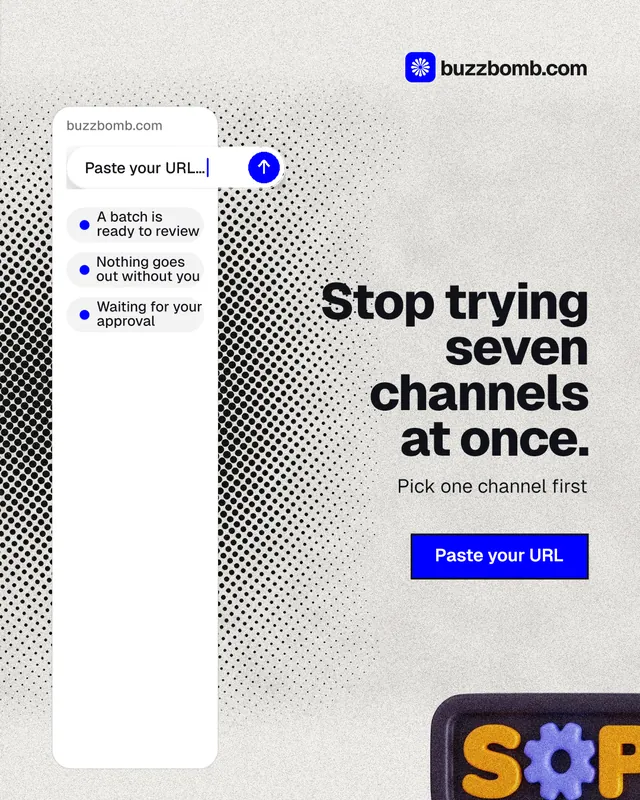 Instagram portrait post for BuzzBomb: "Stop trying seven channels at once." Ink sticker style, right layout, light palette in white, grey.