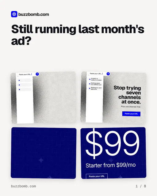 Carousel for BuzzBomb: "Still running last month's ad?". Collection carousel, 8 slides, light palette.