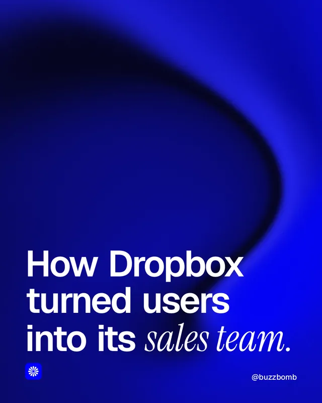 Instagram portrait post for BuzzBomb: "How Dropbox turned users into its sales team." Auto 4x5 style, technique:shader field layout, dark palette in blue.