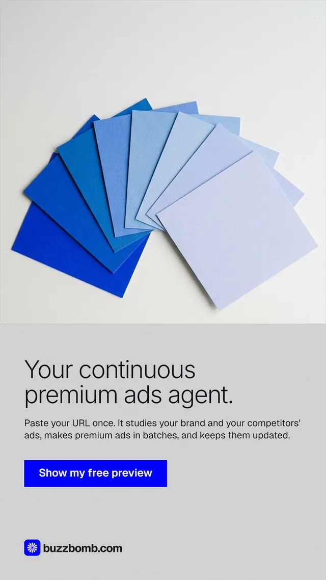 Instagram story for BuzzBomb: "Your continuous premium ads agent." Swiss style, bottom layout, light palette in white, blue.
