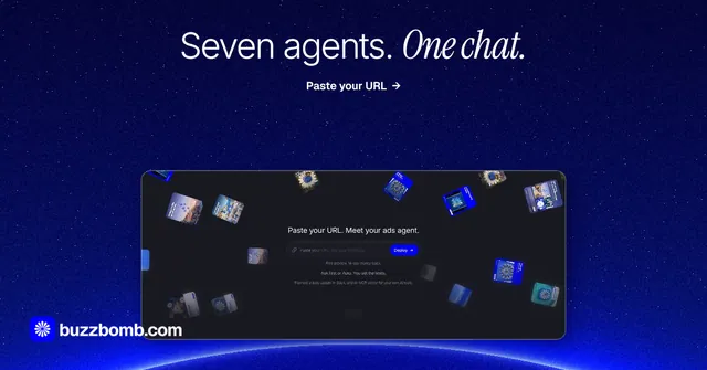 Social ad for BuzzBomb: "Seven agents. One chat." Swiss style, ogui layout, dark palette in blue.