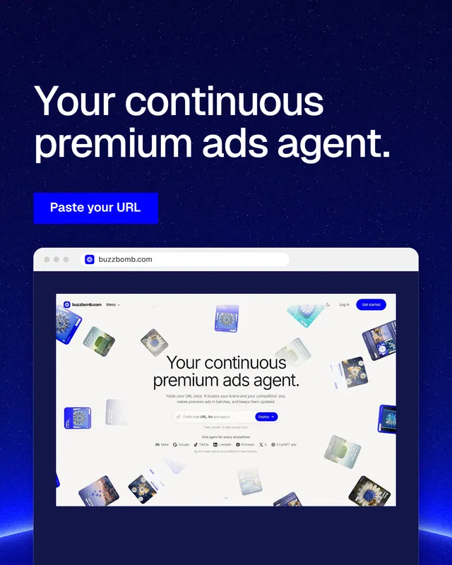 Instagram portrait post for BuzzBomb: "Your continuous premium ads agent." Swiss style, browser layout, dark palette in blue, white.