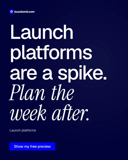 Video for BuzzBomb: "Launch platforms are a spike. Plan the week after.". Doc motion loop, 6.0 s, dark palette.