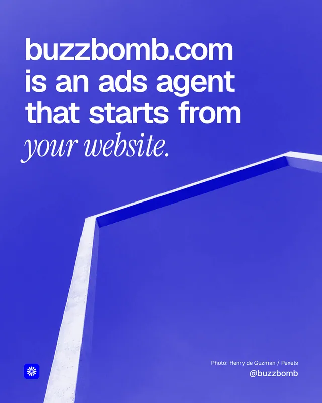 Instagram portrait post for BuzzBomb: "buzzbomb.com is an ads agent that starts from your website." Duotone style, technique:pexels ingredient layout, dark palette in blue.