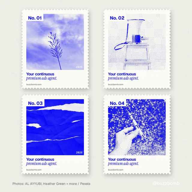 Instagram post for BuzzBomb: "Your continuous premium ads agent." Sheet style, technique:stamp series layout, light palette in yellow, white, blue.