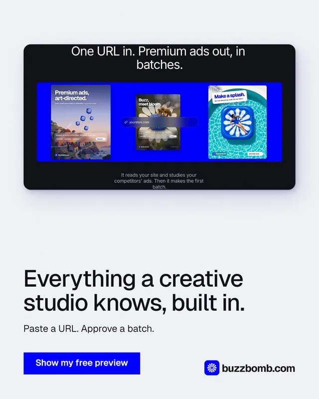 Instagram portrait post for BuzzBomb: "Everything a creative studio knows, built in." Swiss style, bottom layout, light palette in white, blue.