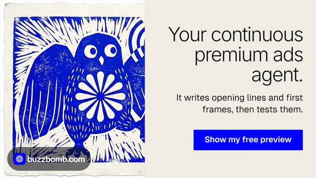 Landscape graphic for BuzzBomb: "Your continuous premium ads agent." Swiss style, right layout, light palette in yellow, blue, grey.