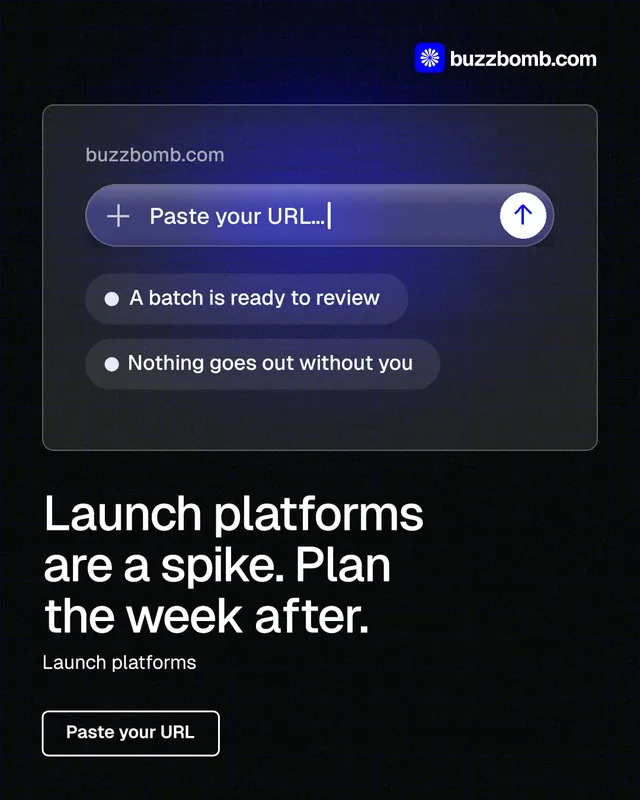 Instagram portrait post for BuzzBomb: "Launch platforms are a spike. Plan the week after." Phosphor atlas style, bottom layout, dark palette in black, blue, grey.