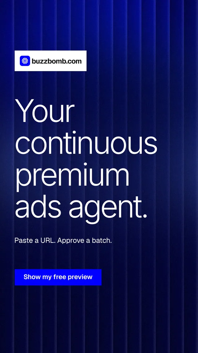 Instagram story for BuzzBomb: "Your continuous premium ads agent." Swiss style, announce layout, dark palette in black, blue.