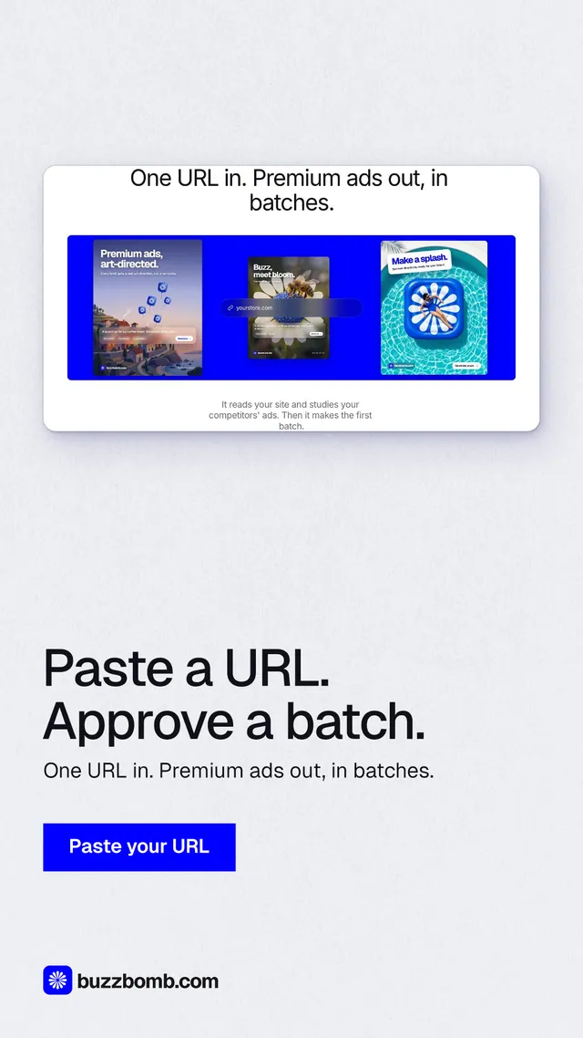 Instagram story for BuzzBomb: "Paste a URL. Approve a batch." Swiss style, bottom layout, light palette in white, blue.